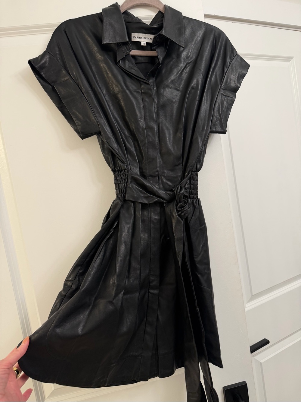 Karina Grimaldi Black Faux Leather Belted Shirt Dress M